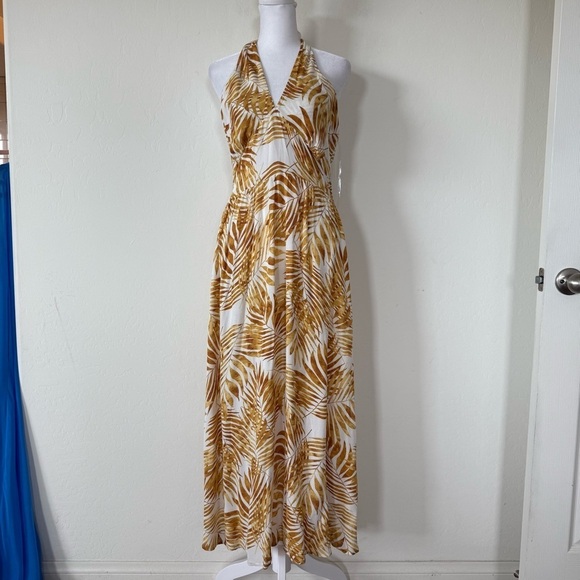 Lush Dresses & Skirts - Lush Golden Yellow Palm Leaf Plant V Neck Halter Lightweight Maxi Dress Large
